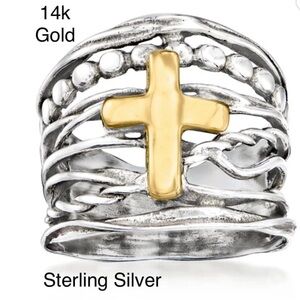 New - Sterling Silver and 14kt Yellow Gold Multi-Row Cross Ring / Jewelry